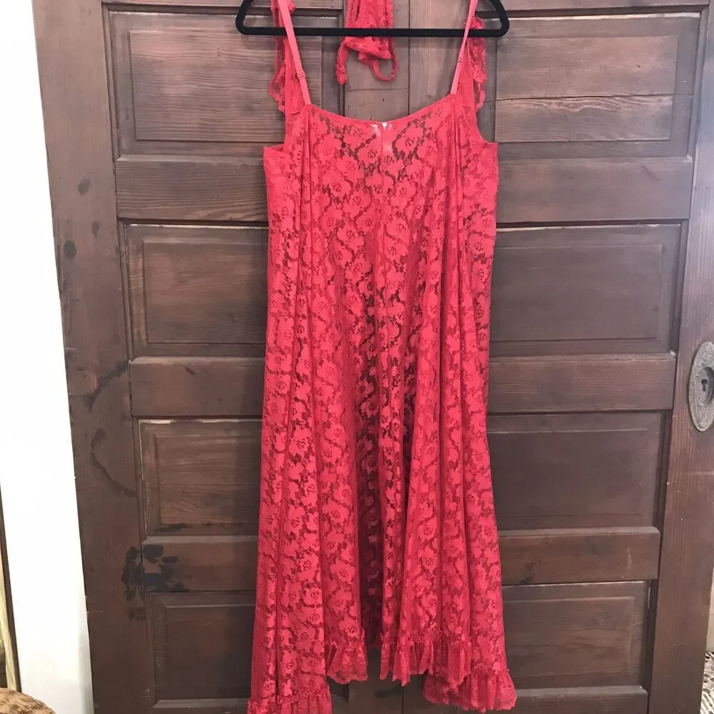 Red Lace Gown Lingerie Thong Bottoms XXL 2X Romantic Boudoir Sheer Floral